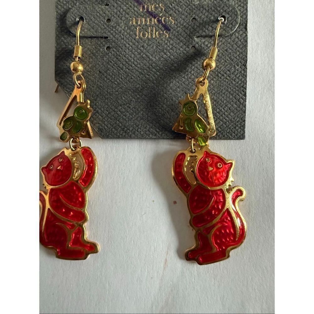 Edgar Berebi Women's Red Enamel Cat And Green Bird Dangle Earrings Jewelry NWT